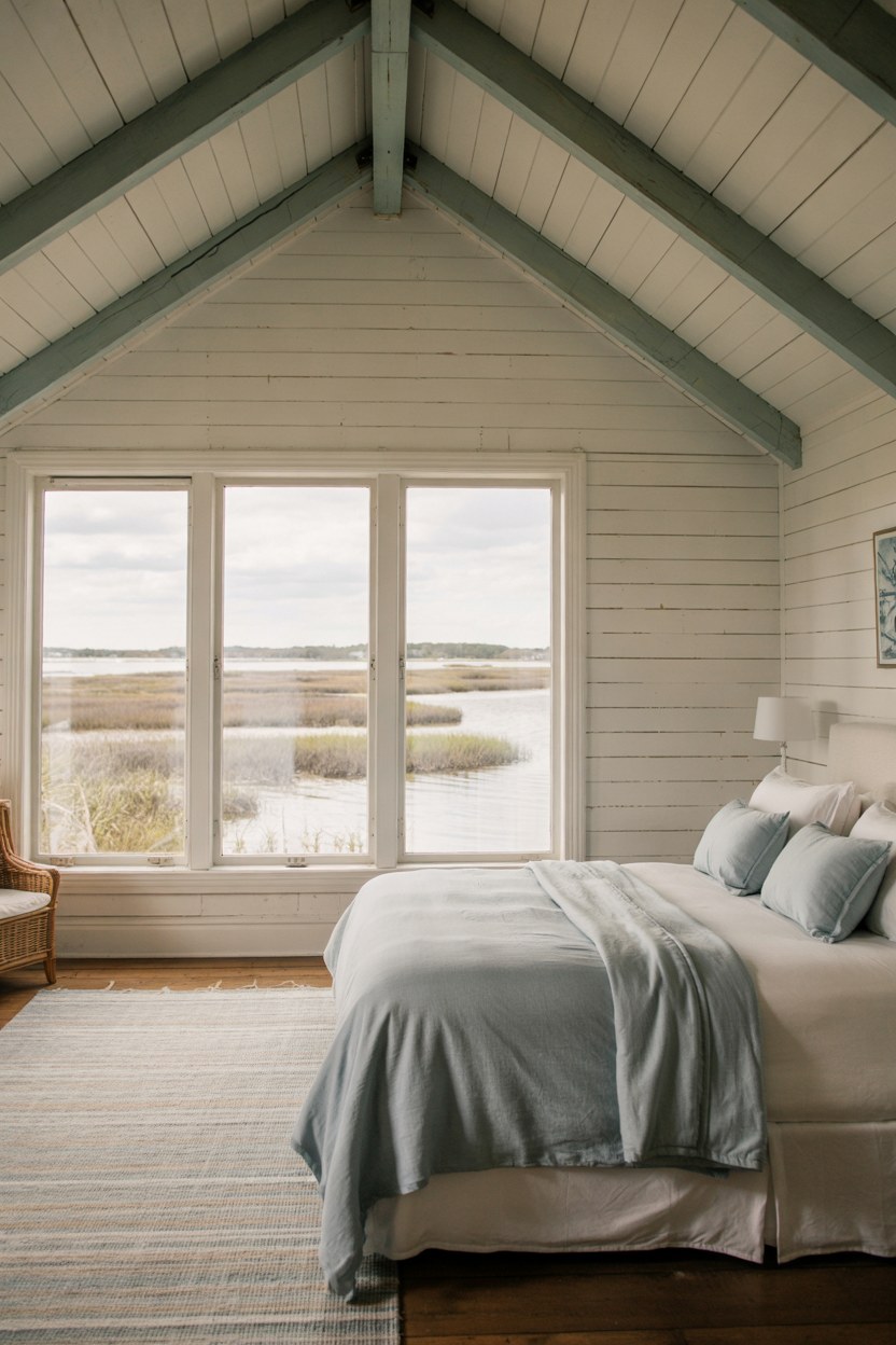 Modern Coastal Bedroom Design with Waterfront Views and Shiplap