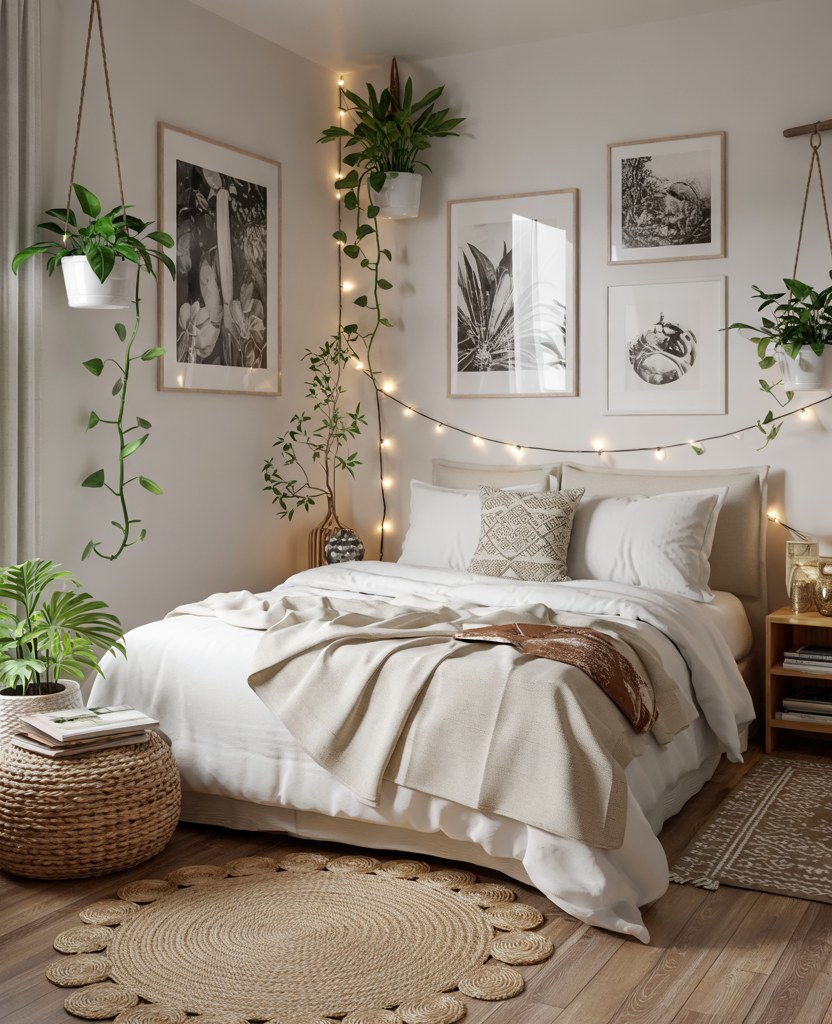 Bohemian Bedroom Ideas with Plants and String Lights for Teens