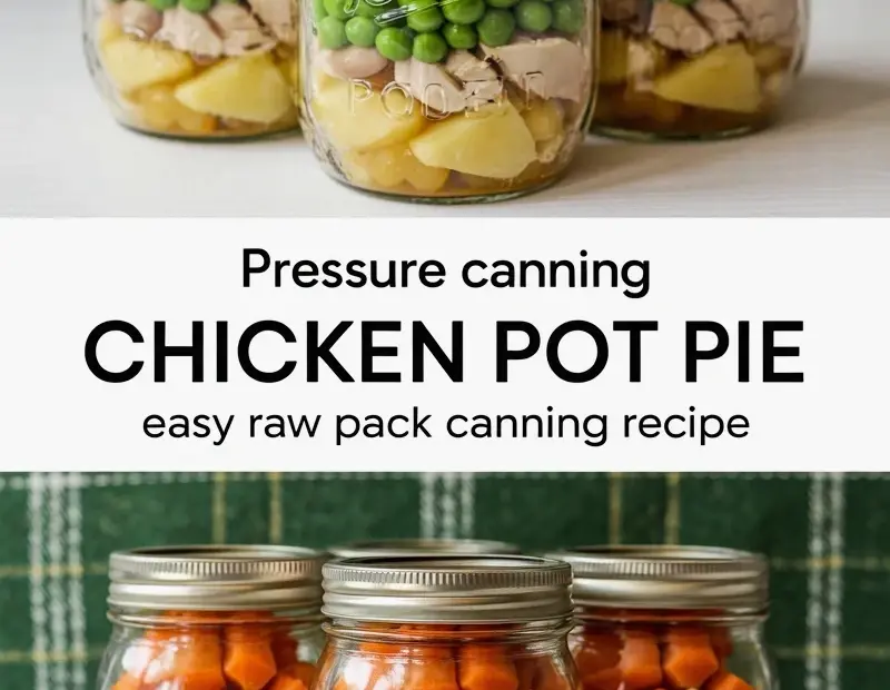 Layered chicken pot pie jars for canning – raw pack with carrots, peas, and potatoes 🥫